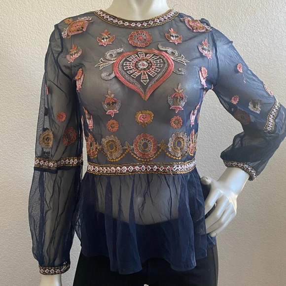 Zara Navy Blue Embroidered Long Sleeve Boho Top Size Small - Picture 6 of 13